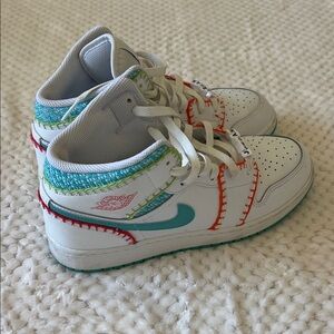 Jordan Kids White and Teal Sneakers with Red Stitching